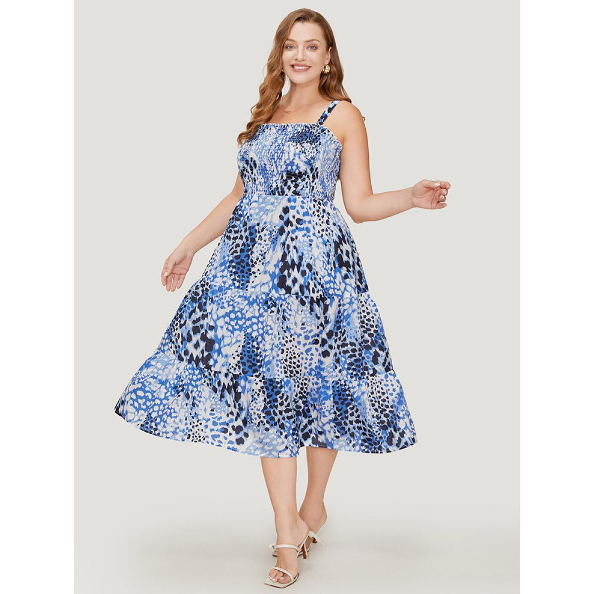 Plus Size Leopard Print Shirred Pocket Frill Trim Cami Dress Multicolor Women Vacation Adjustable Straps Spaghetti Strap Sleeveless Curvy Midi Dress BloomChic 10/M Product Image