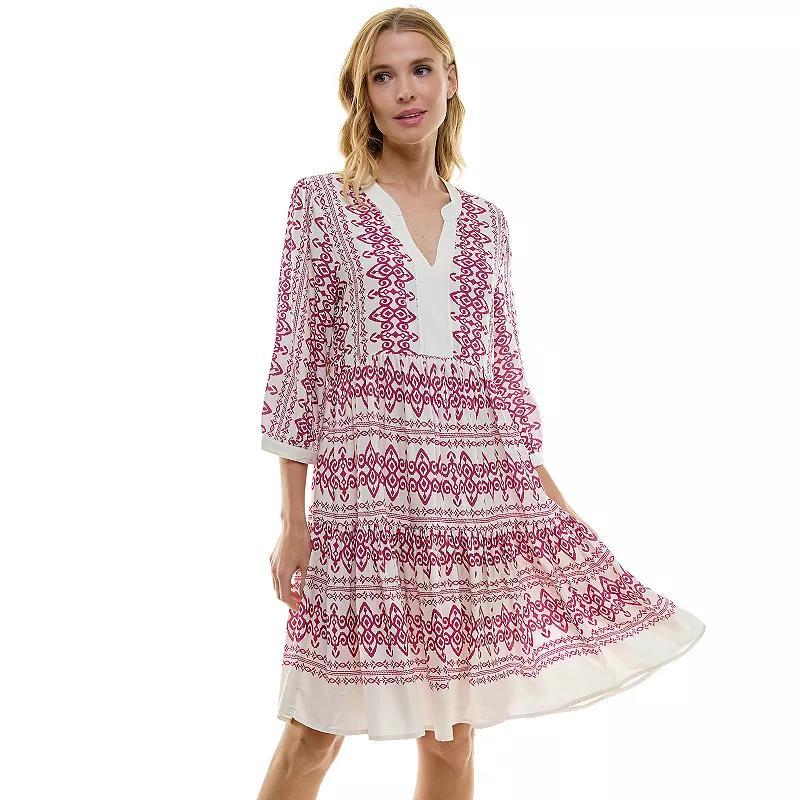 Women's Figueroa & Flower V-Neck Elbow Sleeve Baby Doll Dress, Size: Small, Cream Pink Product Image