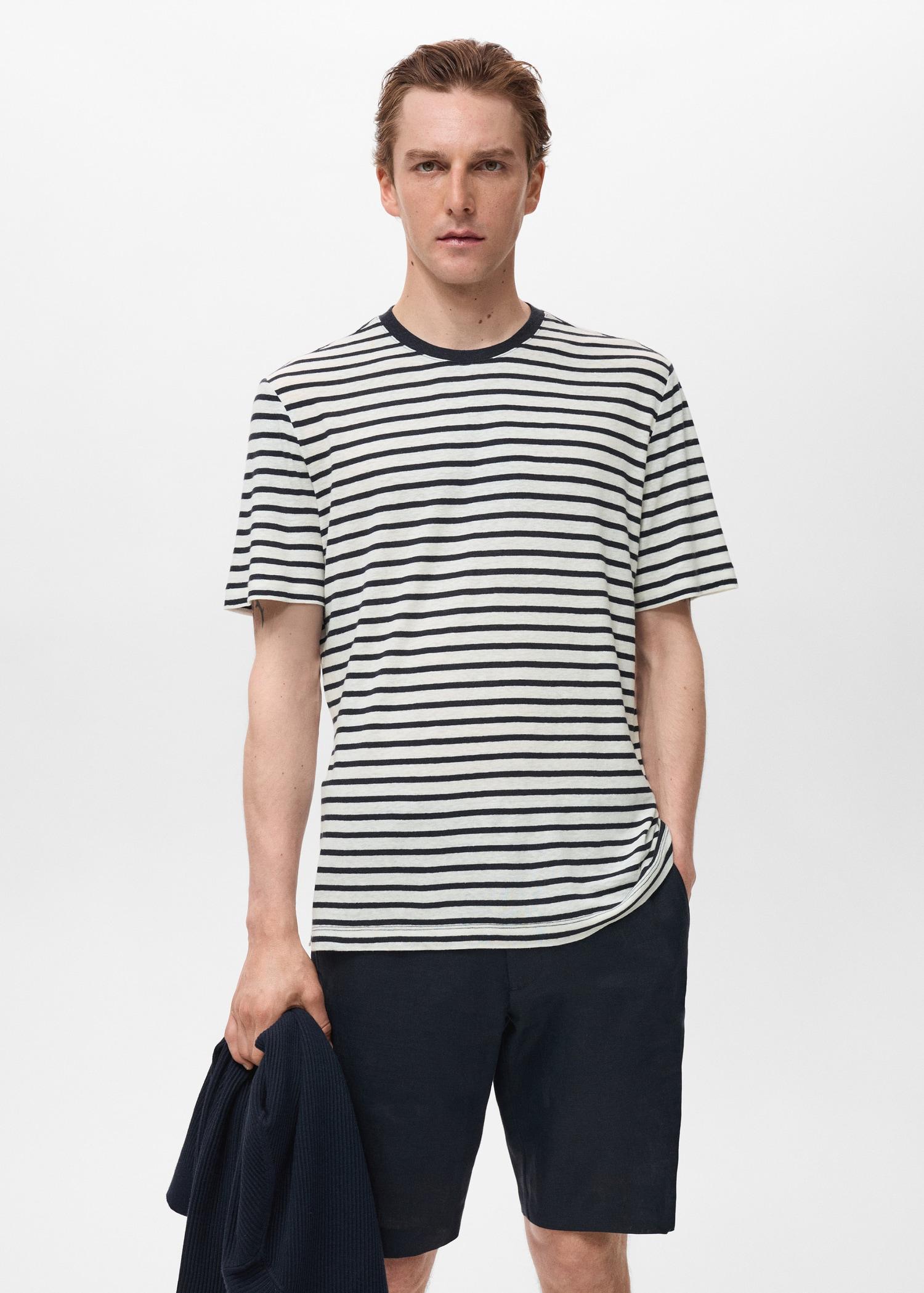 Striped slim-fit linen t-shirt - Men | MANGO USA Product Image