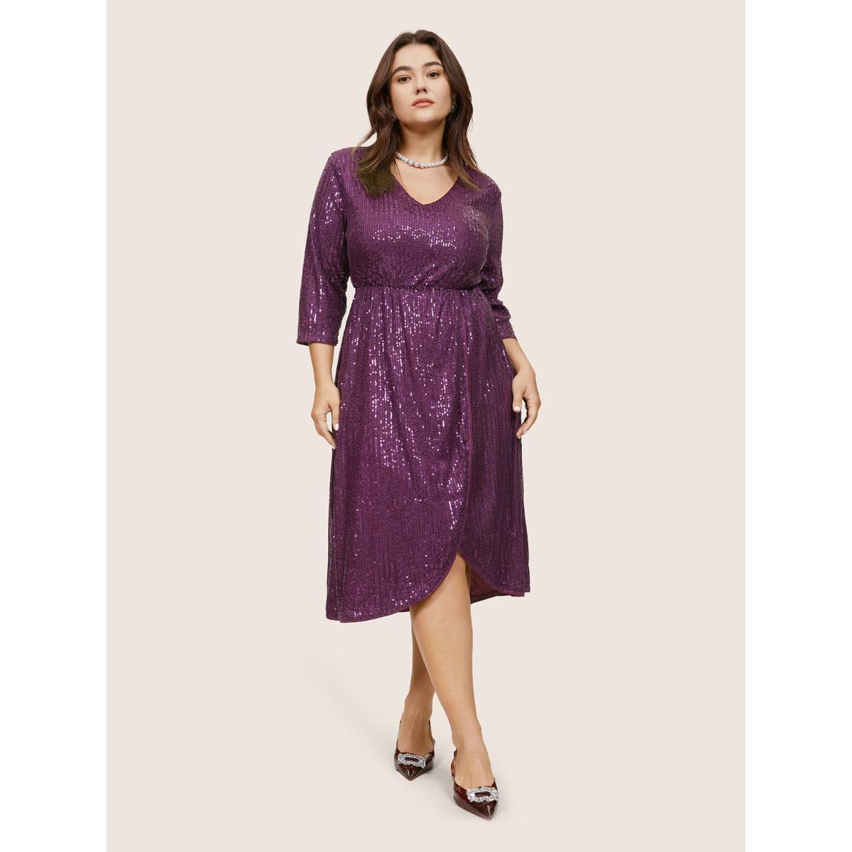 Plus Size Solid Sequin Wrap Hem Elastic Waist Dress Purple Women Cocktail Sequin V-neck Elbow-length sleeve Curvy Midi Dress BloomChic 12/L Product Image