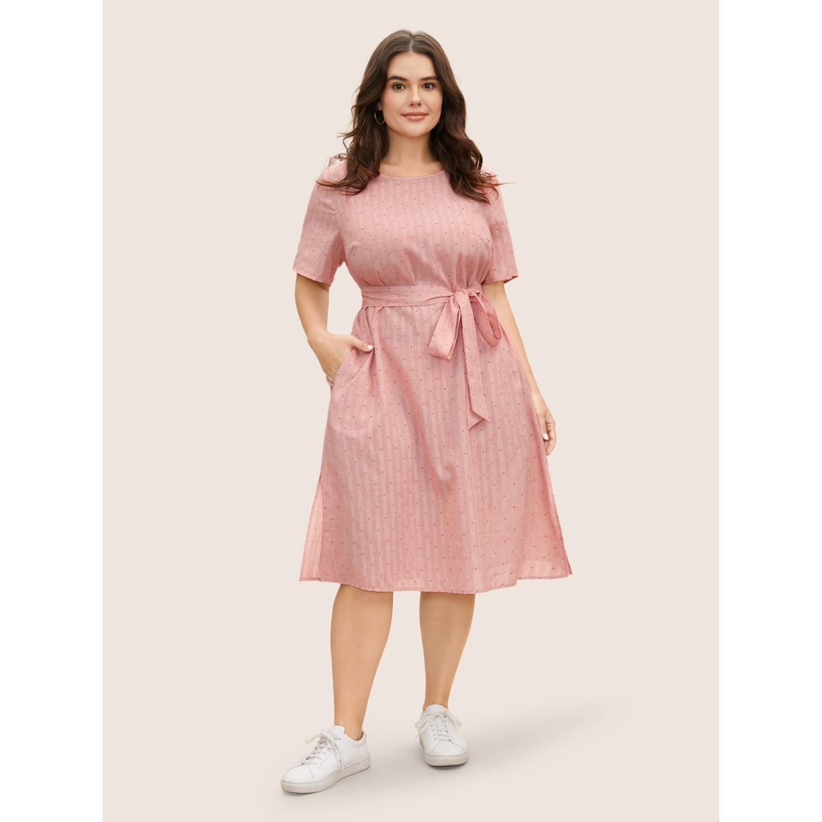 Plus Size Polka Dot Jacquard Split Hem Belted Dress Beanpastepowder Women Casual Texture Round Neck Short sleeve Curvy BloomChic 26/4X Product Image