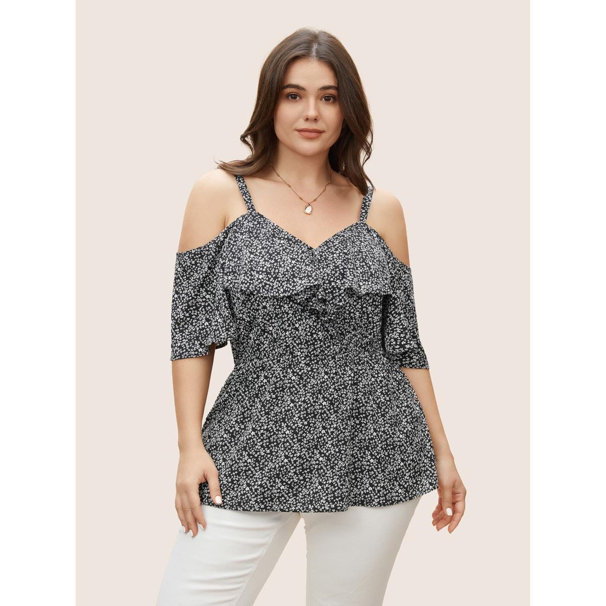 Plus Size Black Ditsy Floral Cold Shoulder Ruffle Trim Blouse Women Elegant Short sleeve V-neck Everyday Blouses BloomChic 12/L Product Image