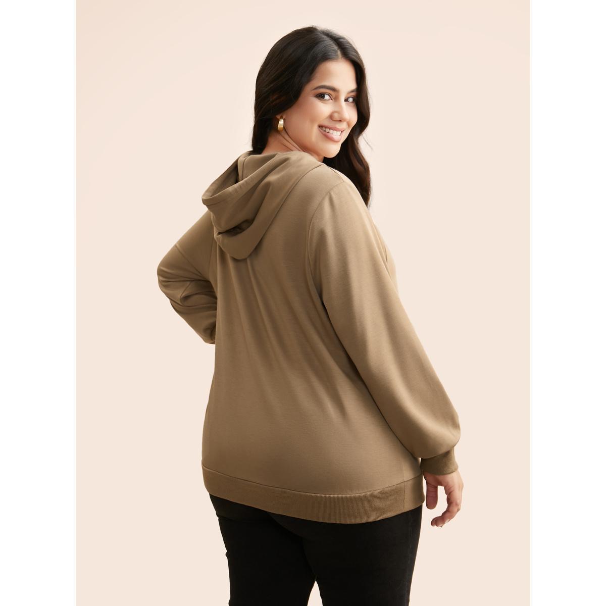 Plus Size Airy Cozy Hooded Sweatshirt Women Tan Casual Patchwork Hooded Everyday Sweatshirts BloomChic 28/5X Product Image
