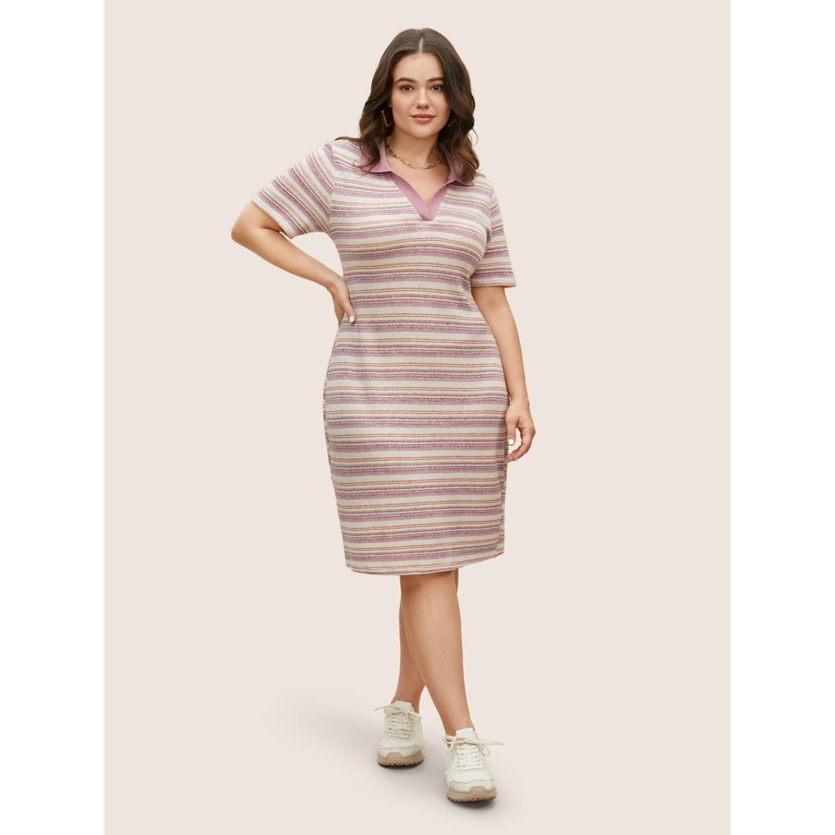 Plus Size Polo Neck Striped Knit Midi Dress Dirtypink Women Casual Contrast Polo Short sleeve Curvy BloomChic 14-16/1X Product Image