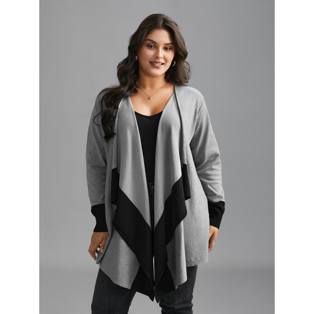 Plus Size Contrast Kimono Collar Asymmetrical Hem Cardigan Mediumgray Women Casual Loose Long Sleeve Everyday Cardigans BloomChic 18-20/2X Product Image