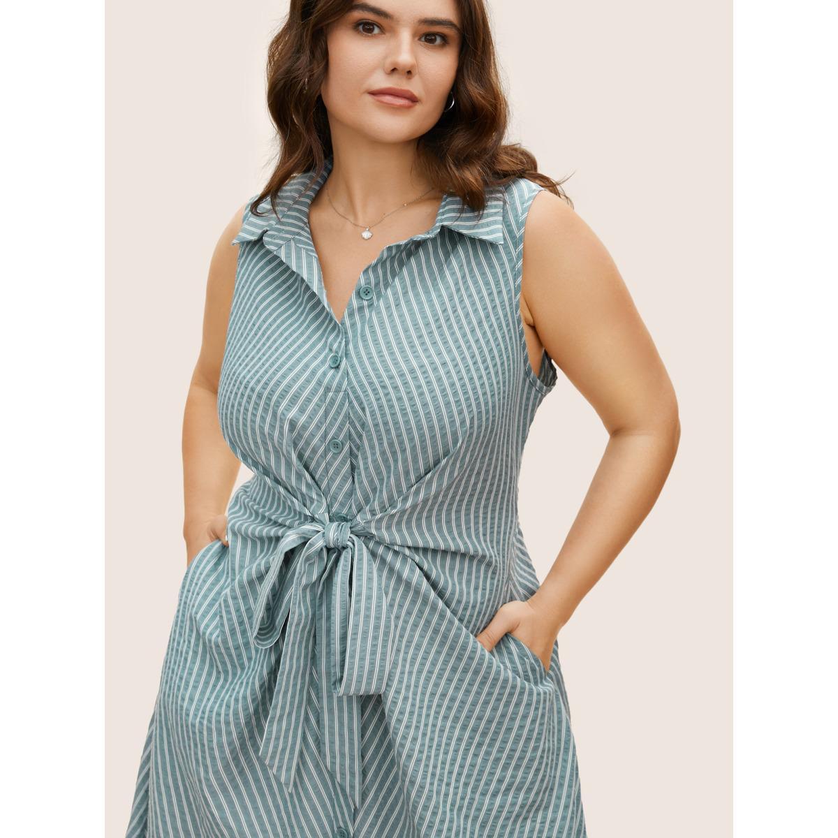 Plus Size Shirt Collar Striped Midi Tank Dress Palemauve Women At the Office Tie knot Shirt collar Sleeveless Curvy BloomChic 18-20/2X Product Image