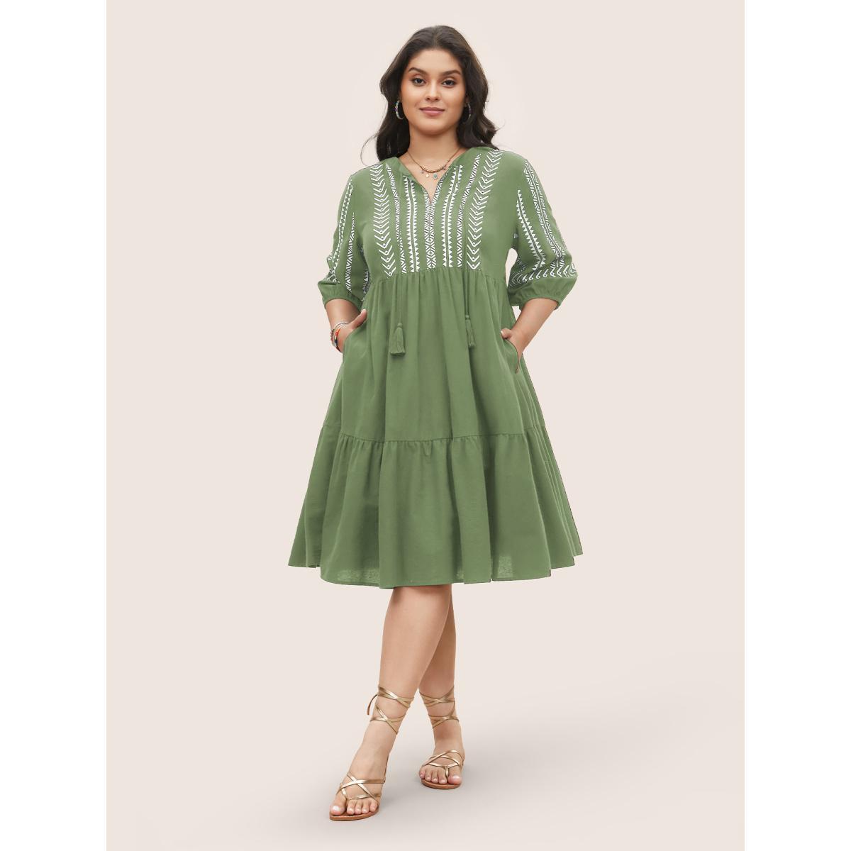 Plus Size Cotton Geometric Bandana Print Tassel Trim Dress ArmyGreen Women Resort Non V-neck Short sleeve Curvy Knee Dress BloomChic 22-24/3X Product Image