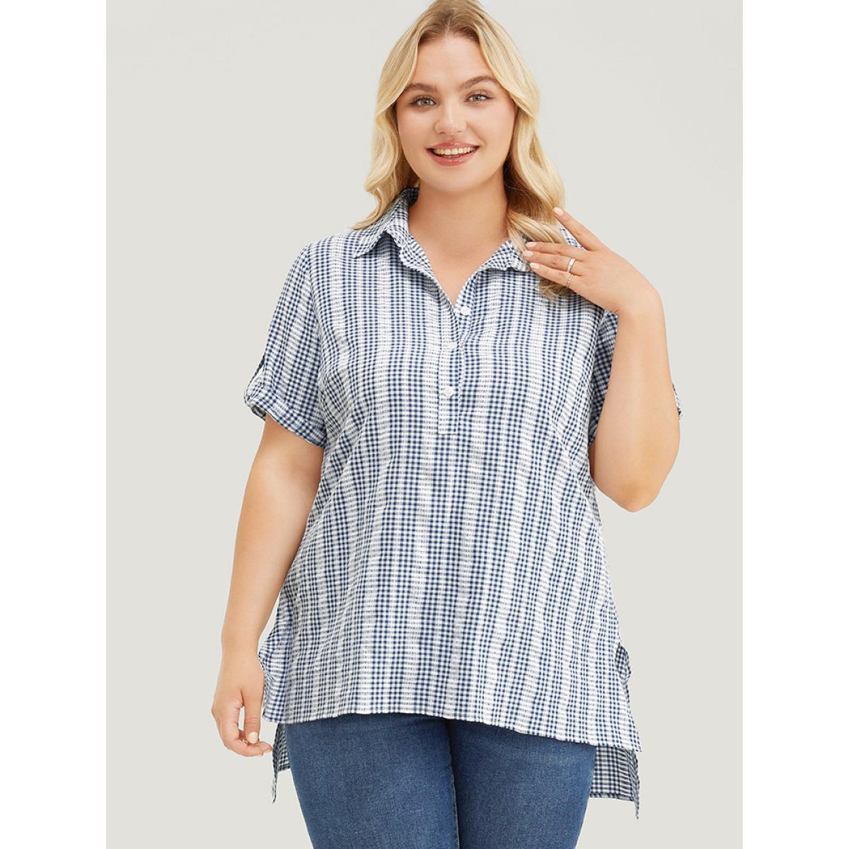 Plus Size Stone Plaid Shirt Collar Button Up Cuffed Sleeve Split Blouse Women Office Short sleeve Shirt collar Work Blouses BloomChic 28/5X Product Image