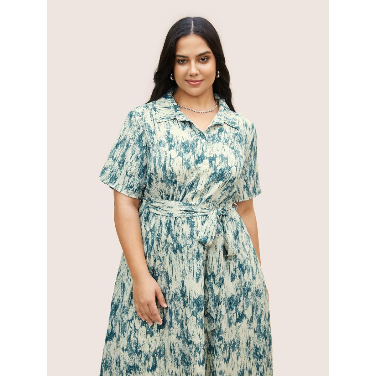 Plus Size Gradient Dyeing Print Shirt Collar Belted Dress Mediumblue Women At the Office Shirt collar Short sleeve Curvy BloomChic 30/6X Product Image