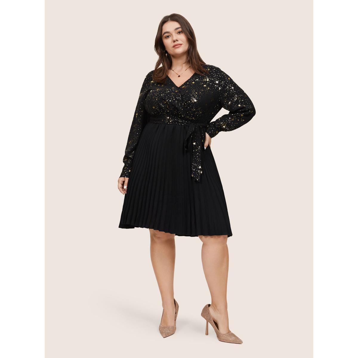 Plus Size Star Glitter Belted Pleated Wrap Dress Black Women Cocktail Belted V-neck Long Sleeve Curvy Midi Dress BloomChic 18-20/2X Product Image