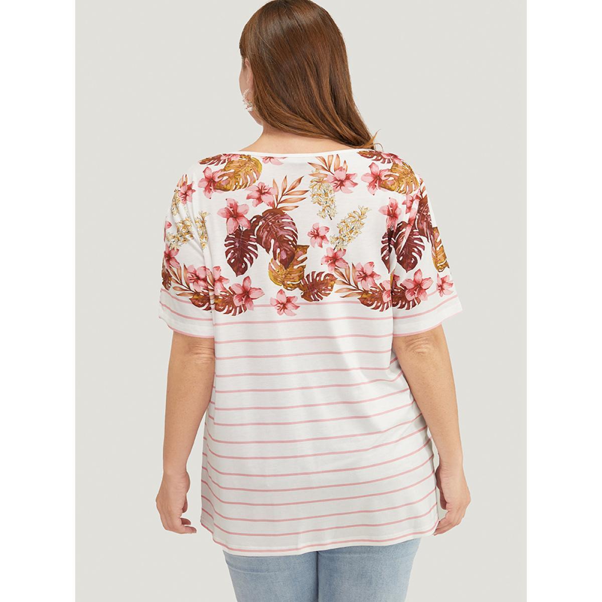 Plus Size Striped Patchwork Round Neck Floral T-shirt White Women Vacation Plants Round Neck Dailywear T-shirts BloomChic 12/L Product Image