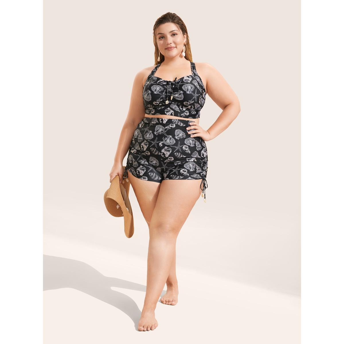 Plus Size Shell Print Drawstring Side Skinny Swim Bottom Women's Swimwear Black Beach Drawstring High stretch Skinny High Rise Curve Swim Bottoms BloomChic 26/4X Product Image