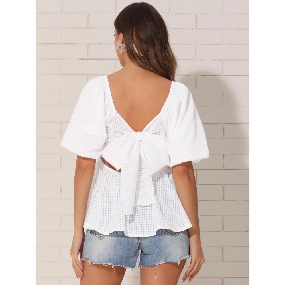 INSPIRE CHIC Women's Square Neck Puff Sleeve Ruffle Trim Blouses Product Image