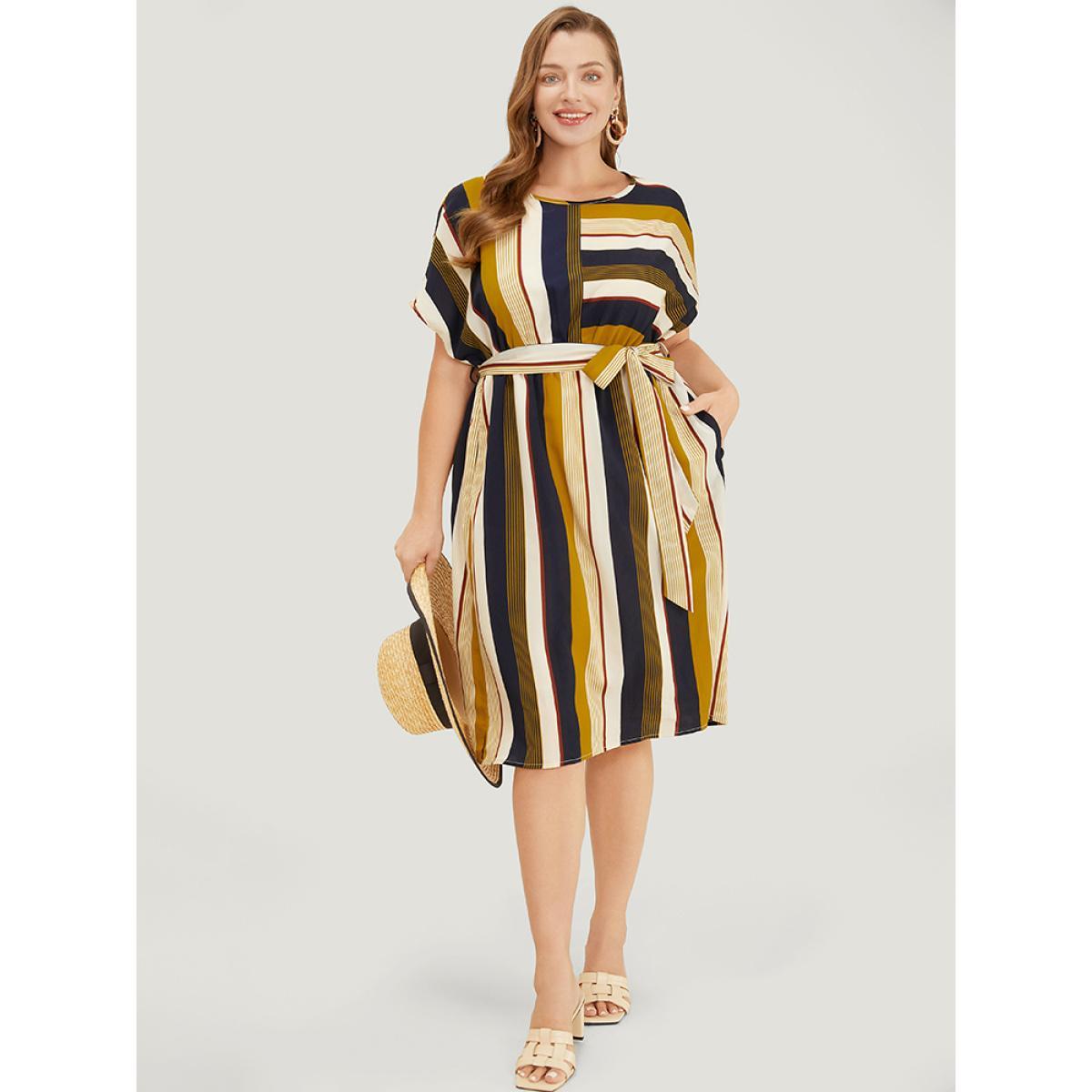 Plus Size Striped Patchwork Belted Ruffles Pocket Dolman Sleeve Dress Multicolor Women Vacation Contrast Round Neck Short sleeve Curvy Knee Dress BloomChic 18-20/2X Product Image
