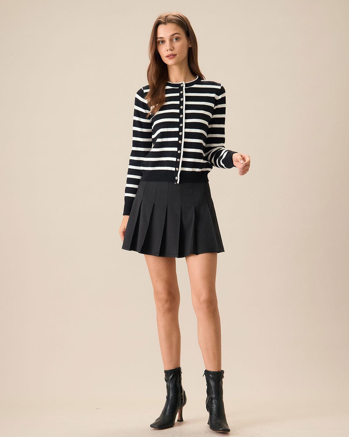 Women's Black Striped Single-Breasted Cardigan Female Product Image