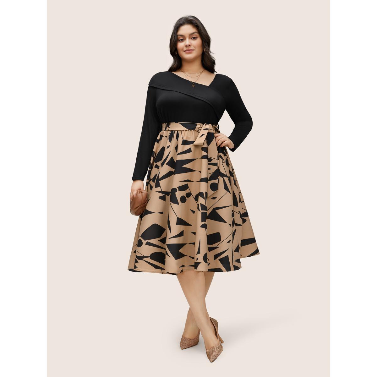 Plus Size Geometric Contrast Patchwork Asymmetrical Neck Belted Dress Black Women At the Office Non Asymmetrical Neck Long Sleeve Curvy Midi Dress BloomChic 14-16/1X Product Image