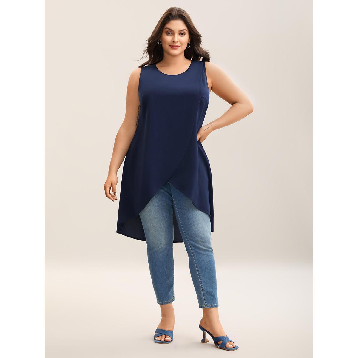 Plus Size Overlap Hem Round Neck Long Tank Top Women DarkBlue Elegant Overlapping Boat Neck Everyday Tank Tops Camis BloomChic 12/L Product Image
