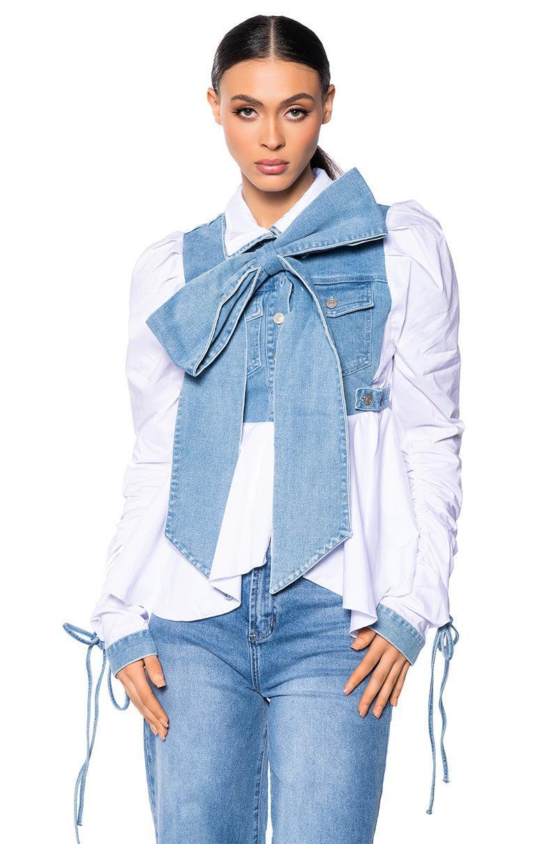 FAITH DENIM TIE POPLIN BLOUSE Product Image