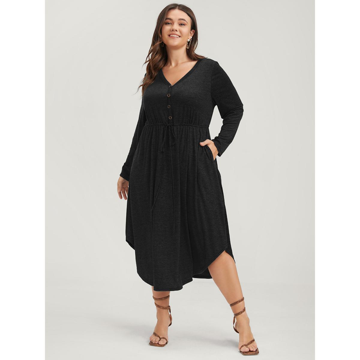 Plus Size Solid Pocket Button Asymmetrical Hem Ties Midi Dress Black Women Casual Patchwork V-neck Long Sleeve Curvy Midi Dress BloomChic 28/5X Product Image