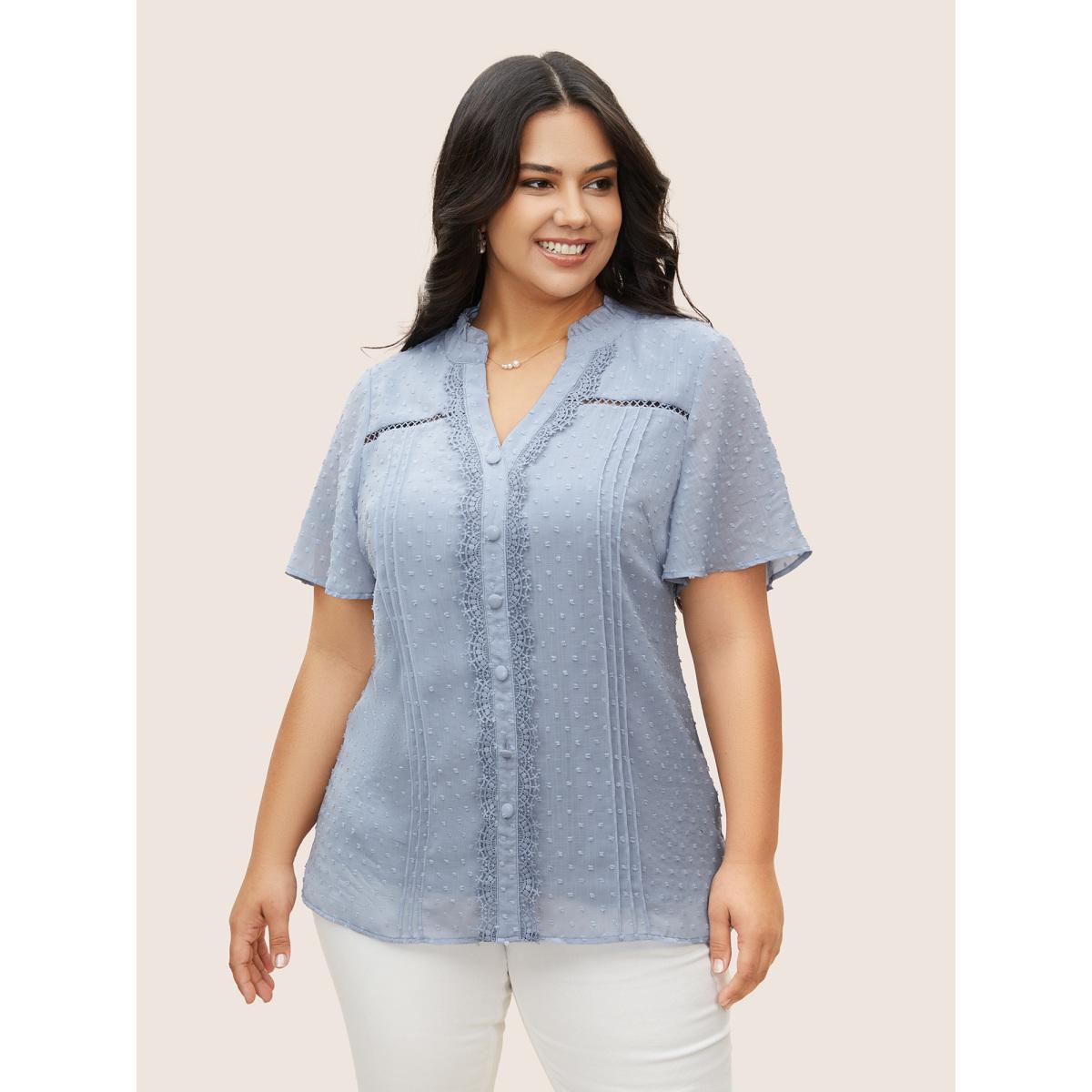 Plus Size Stone Textured Lace Insert Pleated Flutter Sleeve Blouse Women Elegant Short sleeve Flat collar Everyday Blouses BloomChic 22-24/3X Product Image
