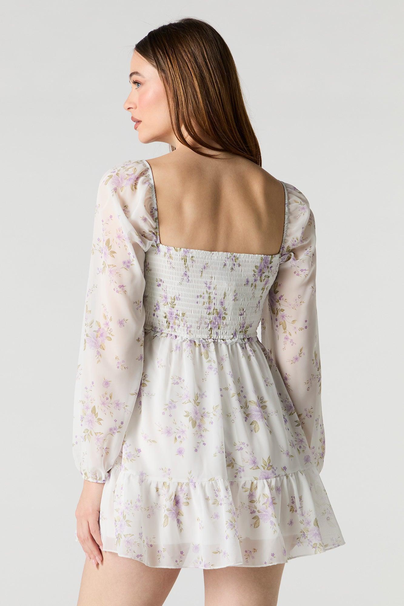 Floral Chiffon Smocked Long Sleeve Mini Dress Female Product Image