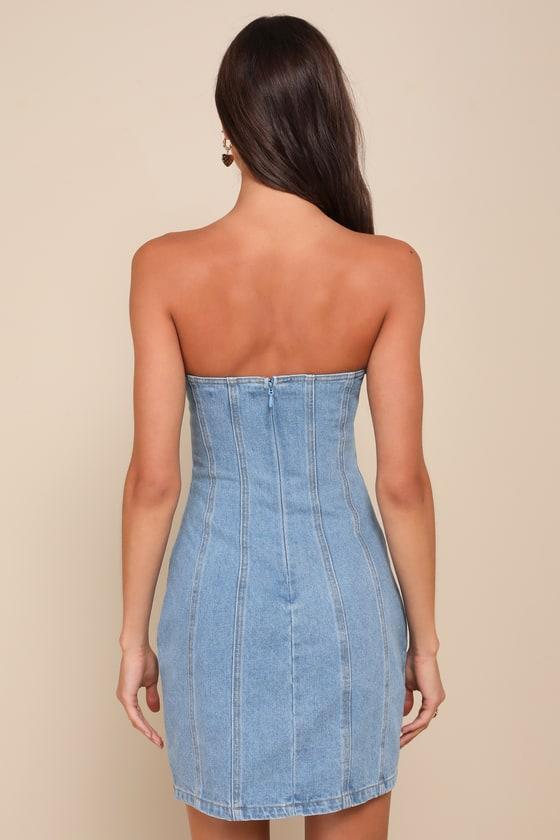 Exceptional Flirt Light Wash Denim Rosette Strapless Mini Dress Product Image