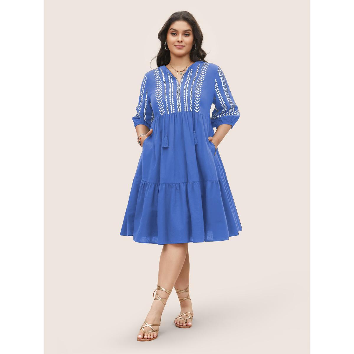 Plus Size Cotton Geometric Bandana Print Tassel Trim Dress Mediumblue Women Resort Non V-neck Short sleeve Curvy Knee Dress BloomChic 30/6X Product Image
