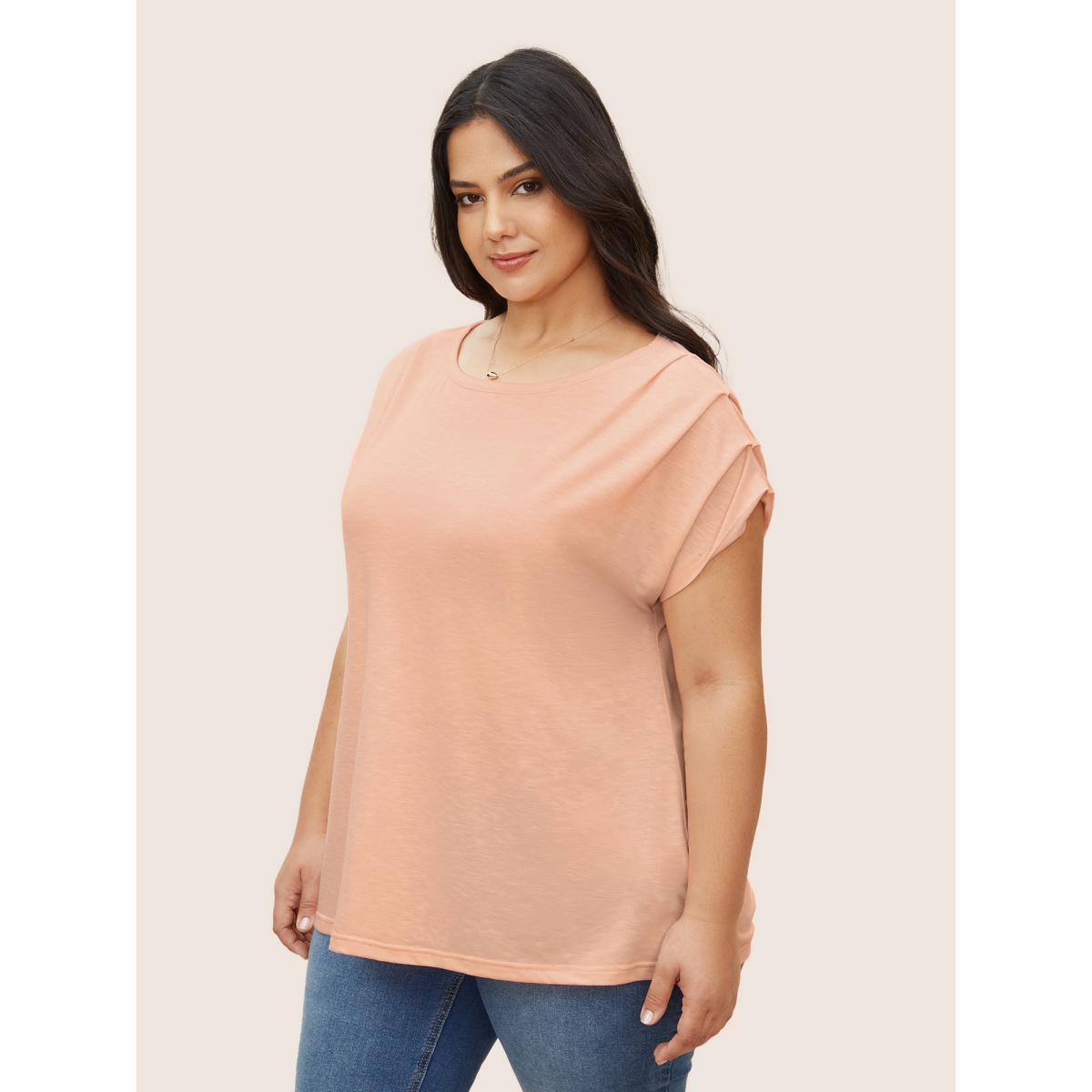 Plus Size Plain Round Neck Gathered Batwing Sleeve T-shirt Crepe Women Elegant Gathered Round Neck Everyday T-shirts BloomChic 10/M Product Image