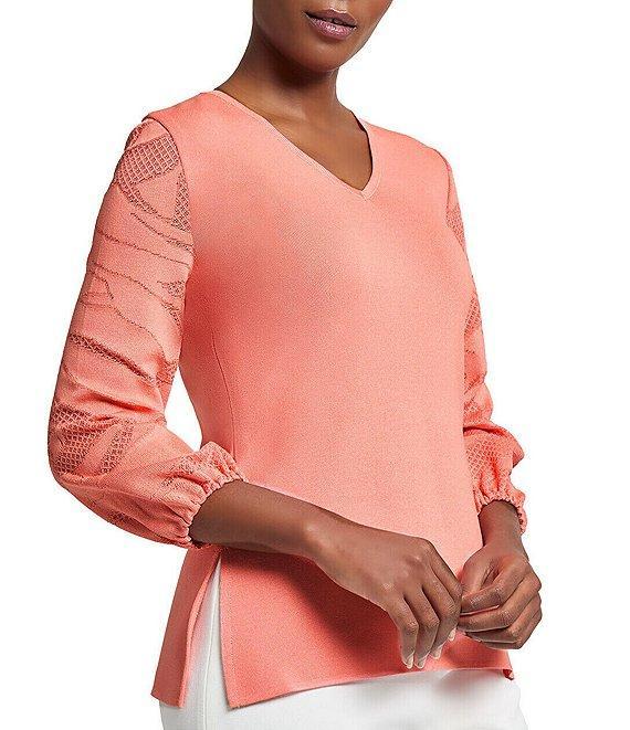 Ming Wang Tonal Texture Knit V-Neck Bracelet Sleeve Top Product Image