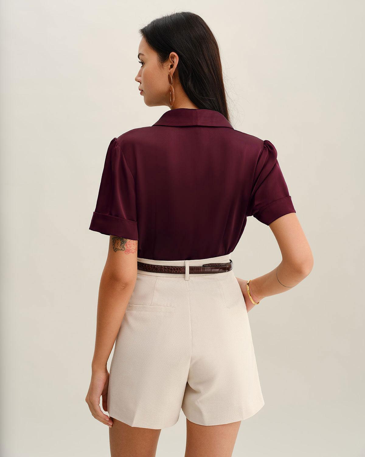 Navy Satin Button Blouse Product Image
