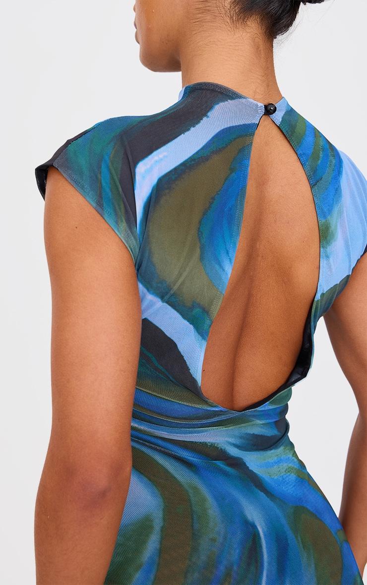 Blue Abstract Mesh Floral Print Mini Dress Product Image
