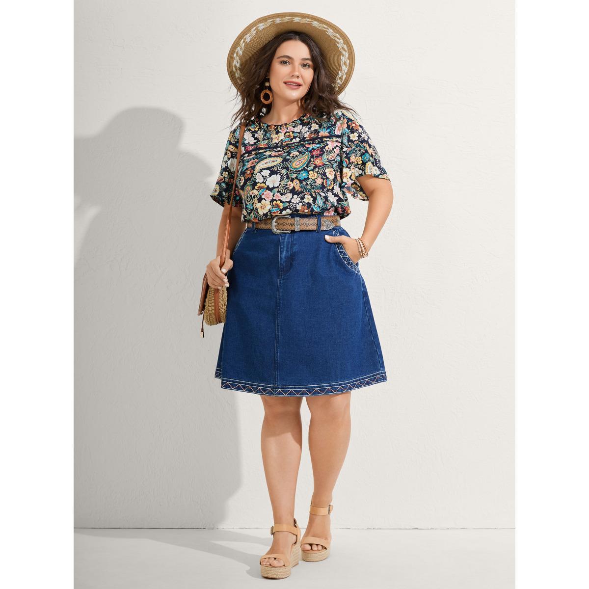 Plus Size Indigo Paisley Print Lace Ruffled Blouse Women Short sleeve Mock Neck Vacation Blouses BloomChic 12/L Product Image
