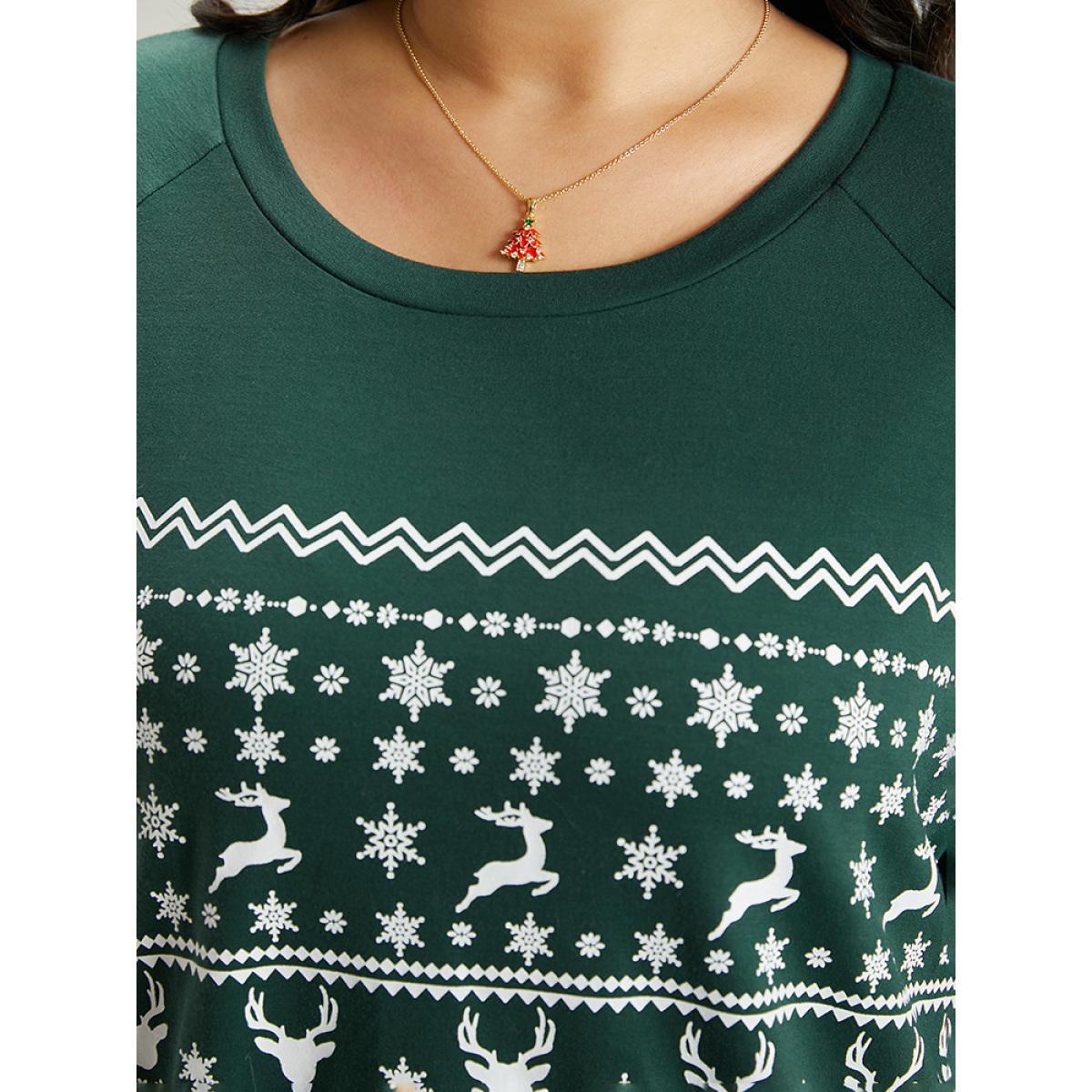 Plus Size Christmas Elk Crew Neck Raglan Sleeve Sweatshirt Women DarkGreen Casual Printed Round Neck Festival-Christmas Sweatshirts BloomChic 14-16/1X Product Image