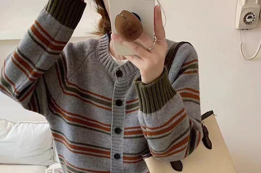 V-Neck Striped Button-Up Cardigan Product Image