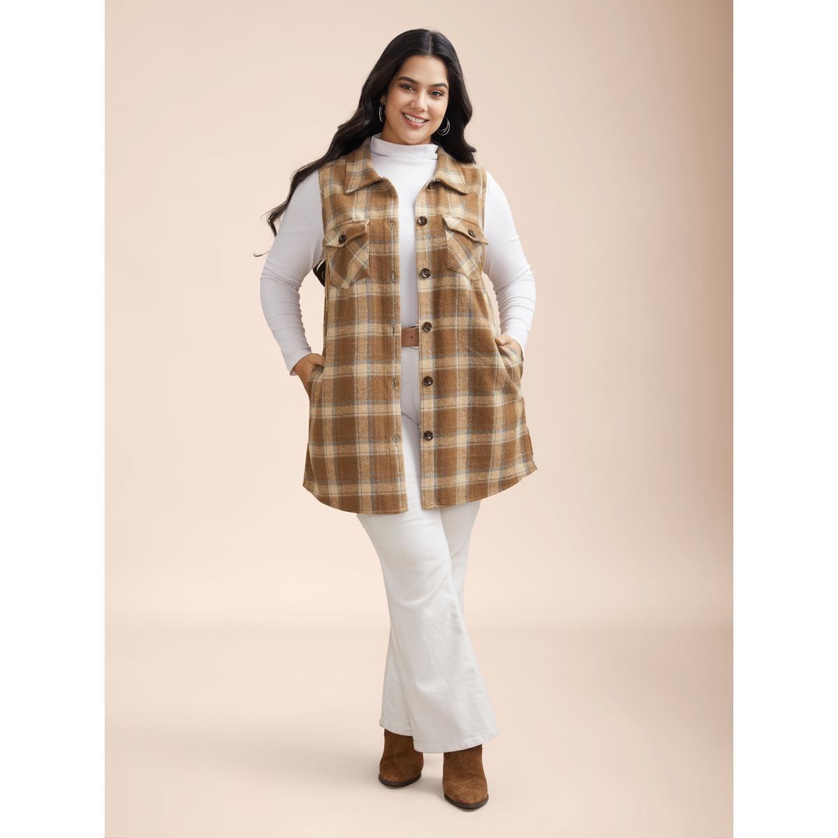 Plus Size Plaid Flap Detail Sleeveless Jacket Women Bronze Button Side seam pocket Everyday Jackets BloomChic 12/L Product Image
