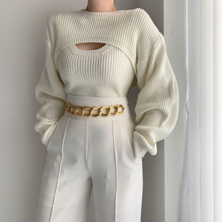 Set: Crew Neck Plain Ribbed Cropped Sweater + Scoop Neck Tank Top Product Image