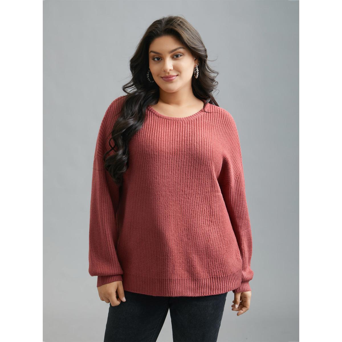 Plus Size Open Wrap Back Textured Tied Pullover Rust Women Casual Loose Long Sleeve Round Neck Everyday Pullovers BloomChic 18-20/2X Product Image