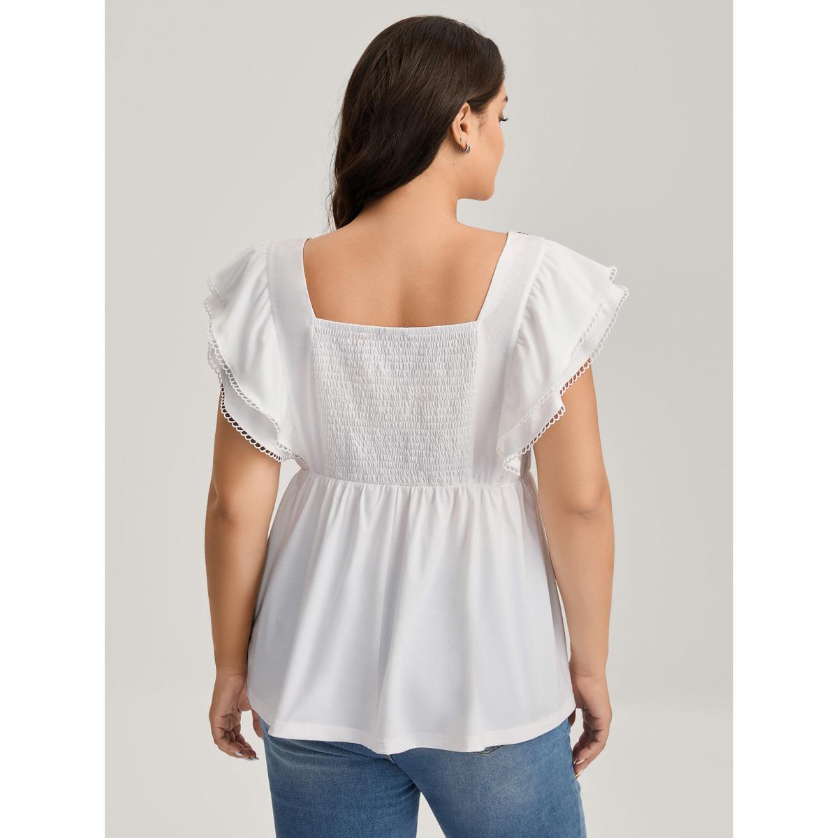 Plus Size Floral Lace Stretchy Shirred Tank Top Women WhiteSmoke Woven ribbon&lace trim Square Neck Everyday-Casual Tank Tops Camis BloomChic 10/M Product Image