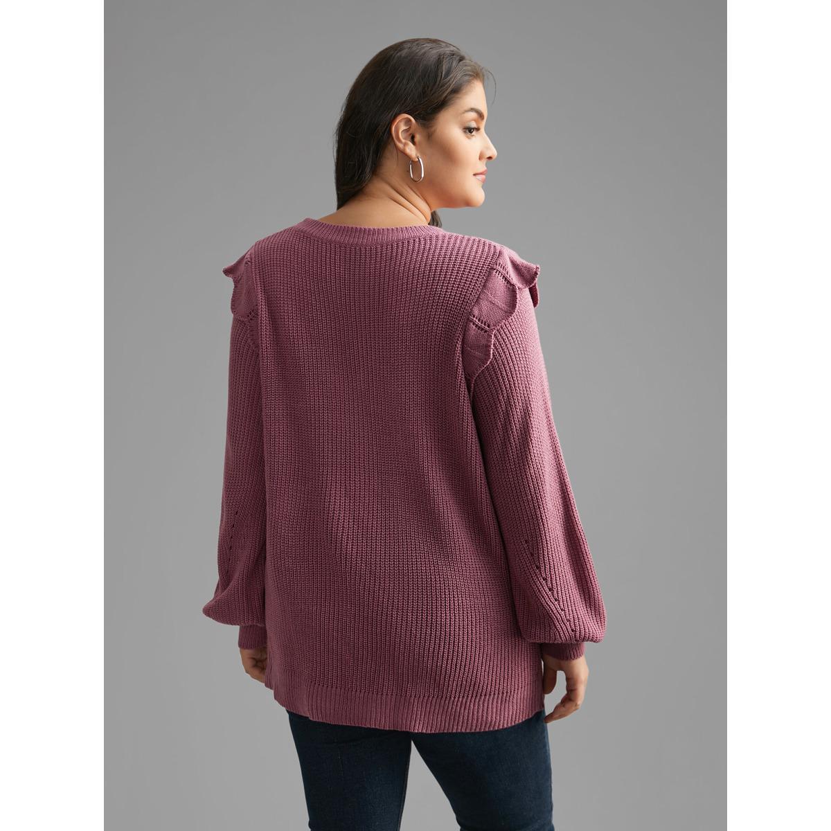 Plus Size Plain Texture Trim Lantern Sleeve Pullover DustyPink Women Casual Loose Long Sleeve Round Neck Everyday Pullovers BloomChic 10/M Product Image