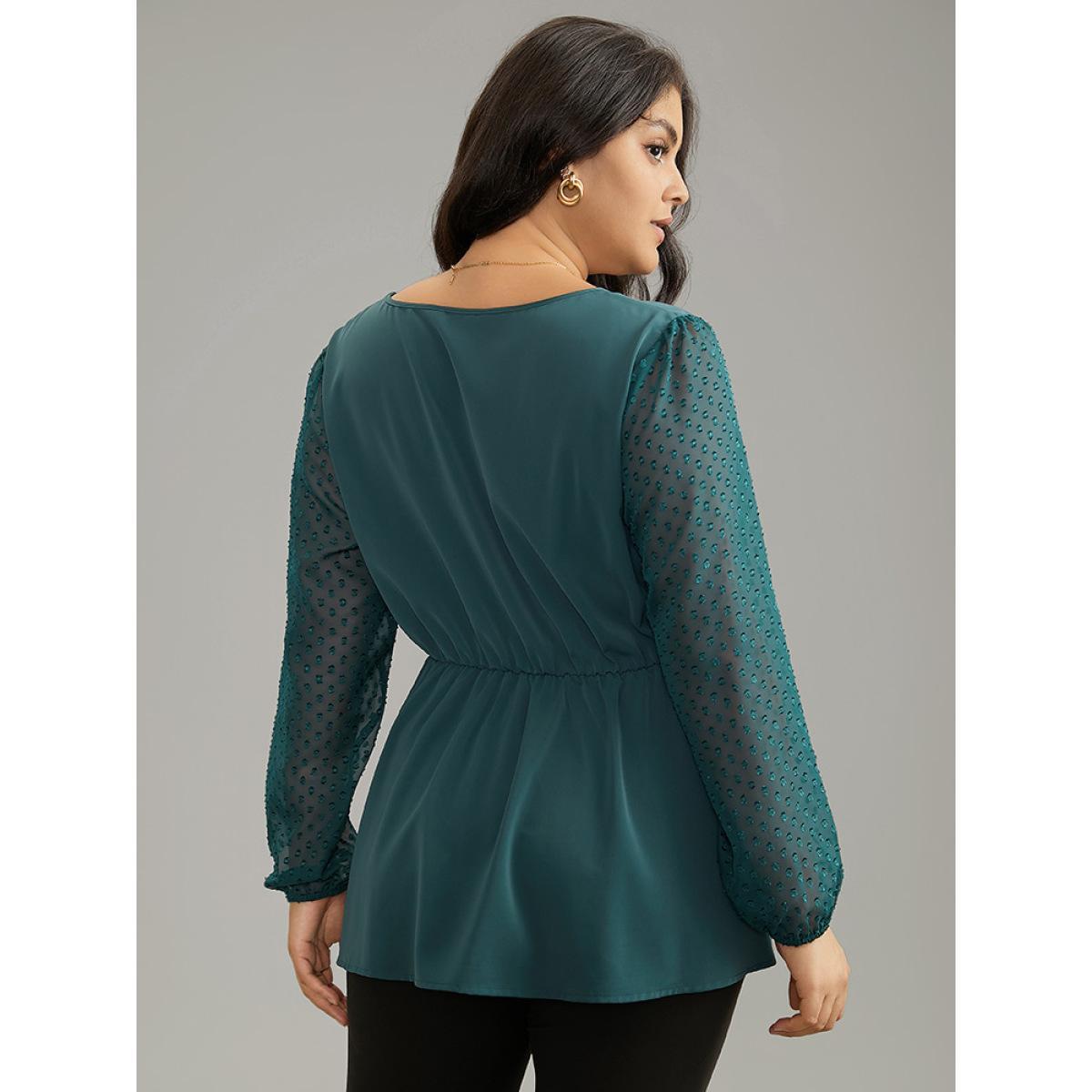 Plus Size Arctic Static-Free Plain Patchwork Mesh Texture Ties Blouse Women Office Long Sleeve V-neck Work Blouses BloomChic 10/M Product Image