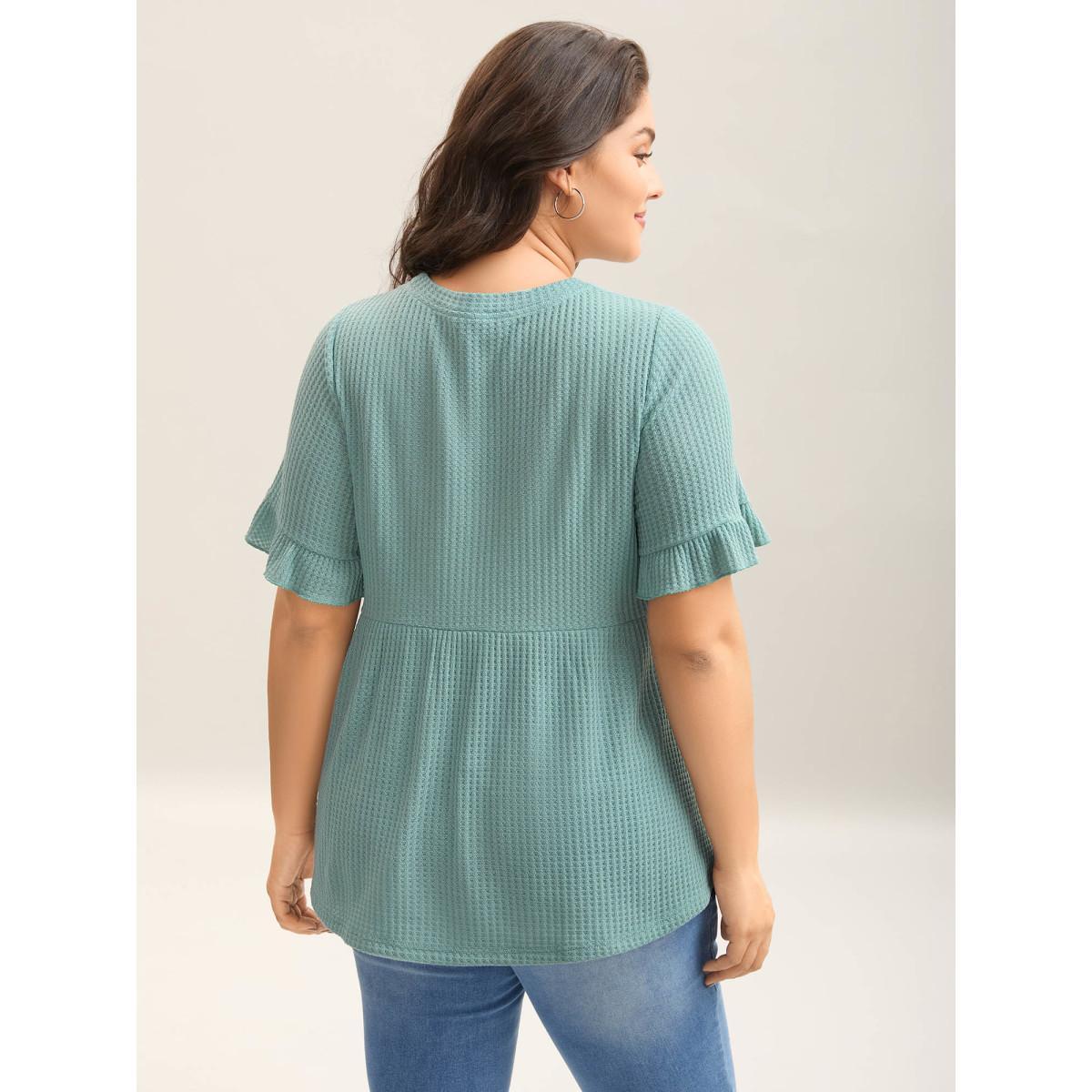 Plus Size Waffle Lotus Leaf Hem T-Shirt Turquoise Women Texture Round Neck Everyday-Casual T-shirts BloomChic 22-24/3X Product Image
