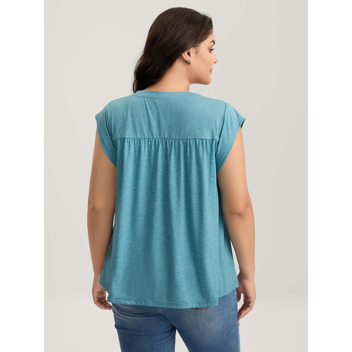 Plus Size Heather Pleated Buttons Placket Solid T-Shirt Cerulean Women Tucked seam Round Neck Everyday-Casual T-shirts BloomChic 14-16/1X Product Image