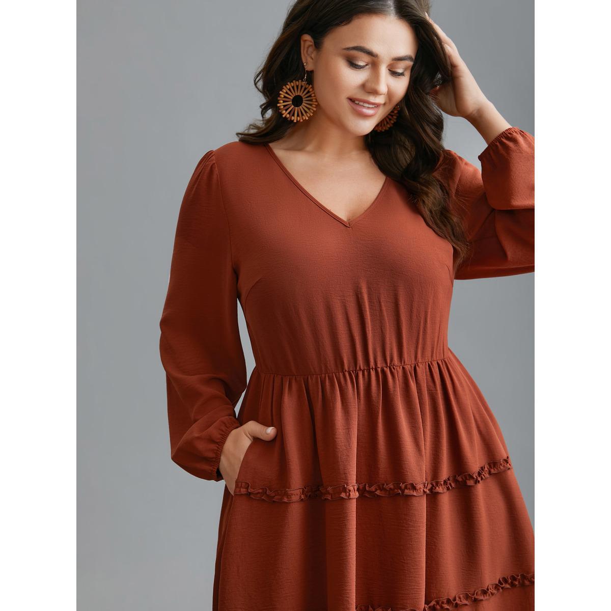 Plus Size Plain Frill Trim Ruffle Layered Hem Dress Russet Women Resort Gathered V-neck Long Sleeve Curvy BloomChic 26/4X Product Image