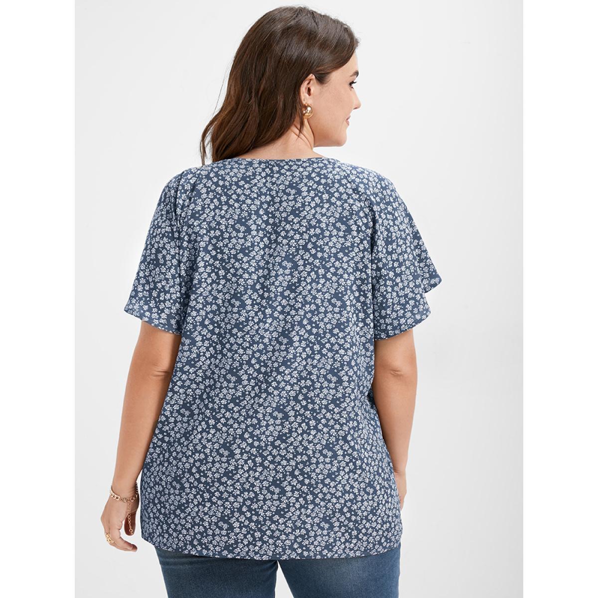 Ditsy Floral Casual Ribbon Neck Plus Size Blouses Women Elegance Ties Ruffle Sleeve Short Sleeve V Neck Dailywear Blouses BloomChic Product Image