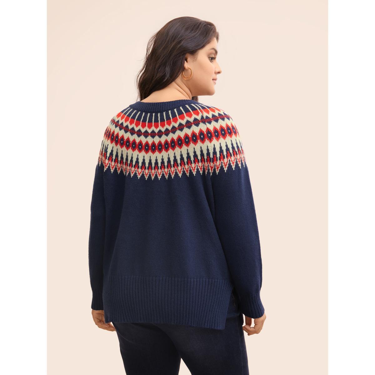 Plus Size Fair Isle Pull Over Crew Neck Pullover Navy Women Casual Long Sleeve Round Neck Everyday Pullovers BloomChic 10/M Product Image