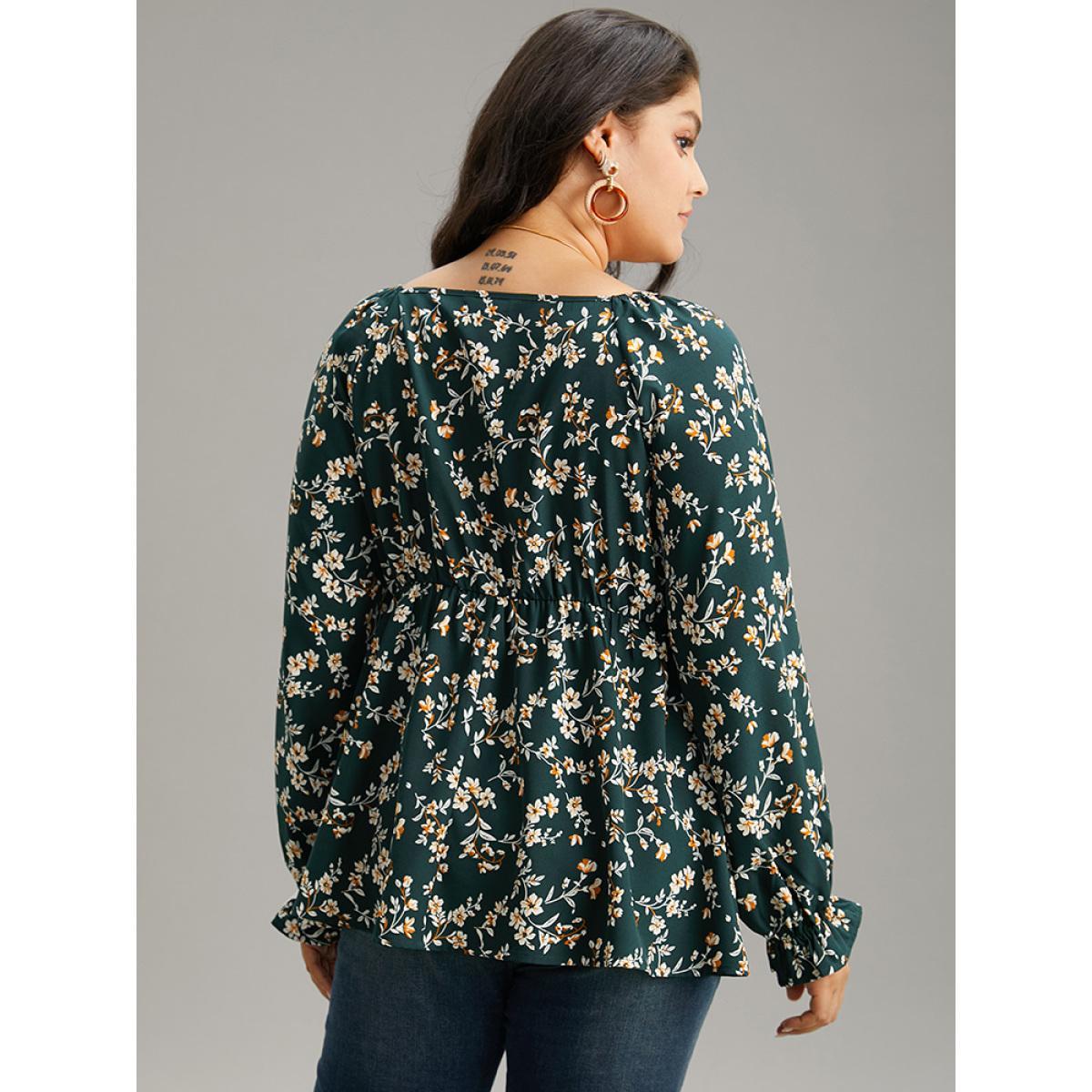 Plus Size DarkGreen Floral Print Ruched Lantern Sleeve Blouse Women Elegant Long Sleeve V-neck Dailywear Blouses BloomChic 28/5X Product Image
