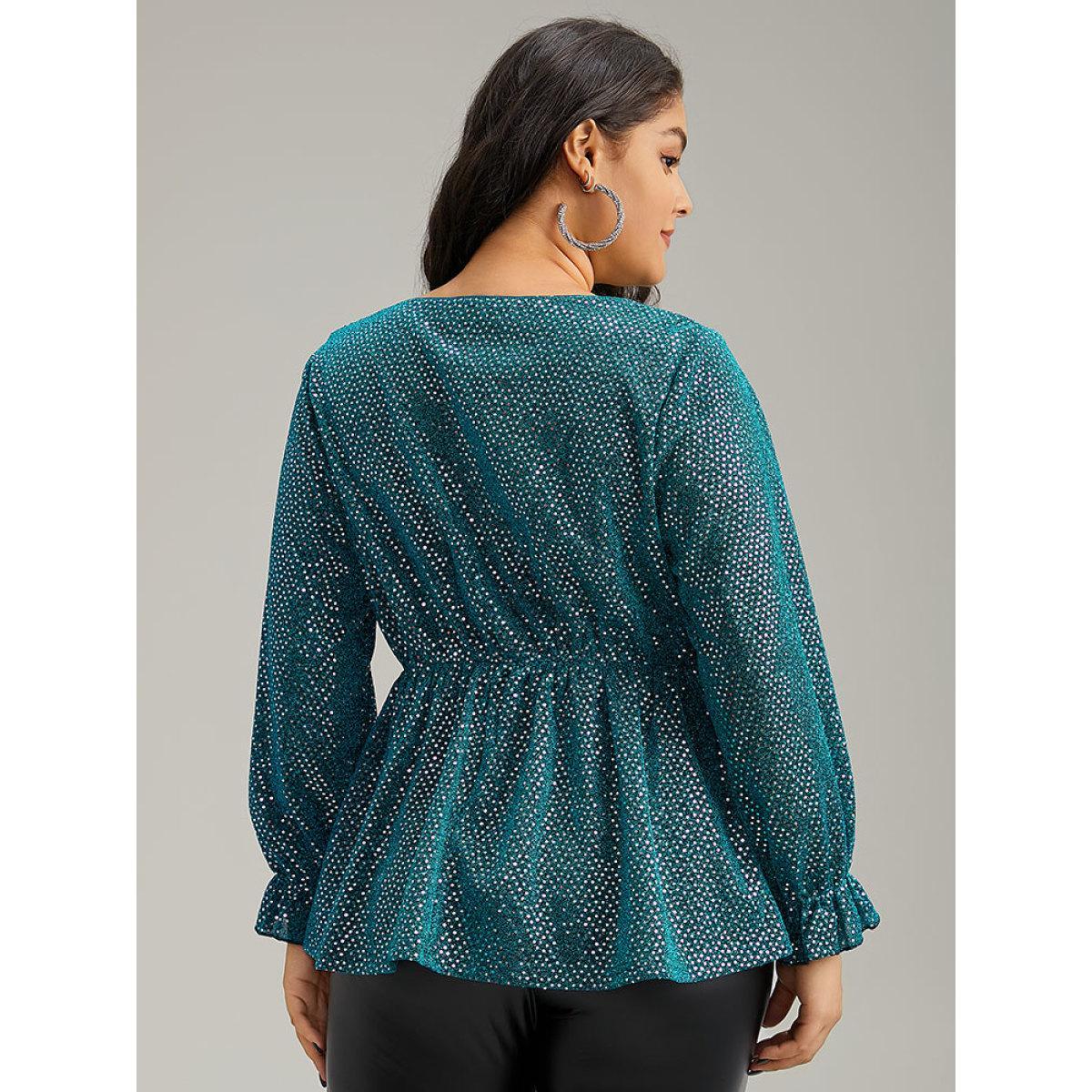 Plus Size Emerald Sequin Wrap Ruffles Ruched Lantern Sleeve Blouse Women Glamour Long Sleeve V-neck Festival-Christmas Blouses BloomChic 28/5X Product Image