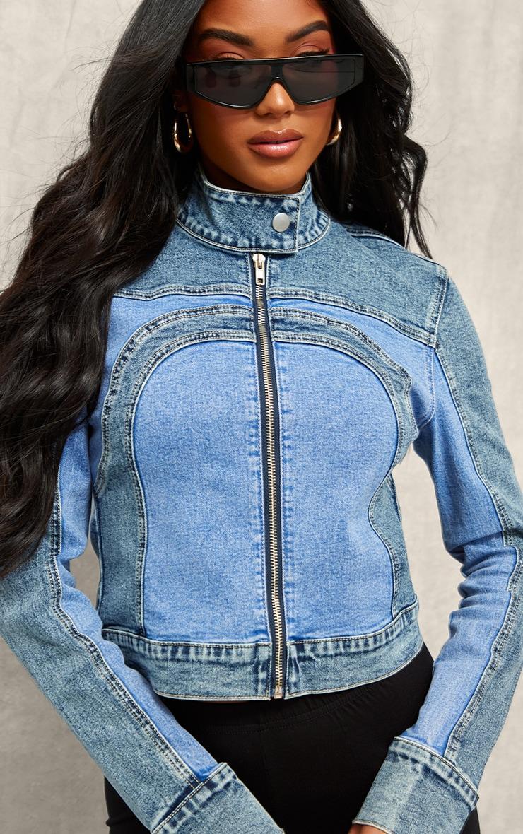 Blue Contrast Panel Racer Denim Jacket Product Image