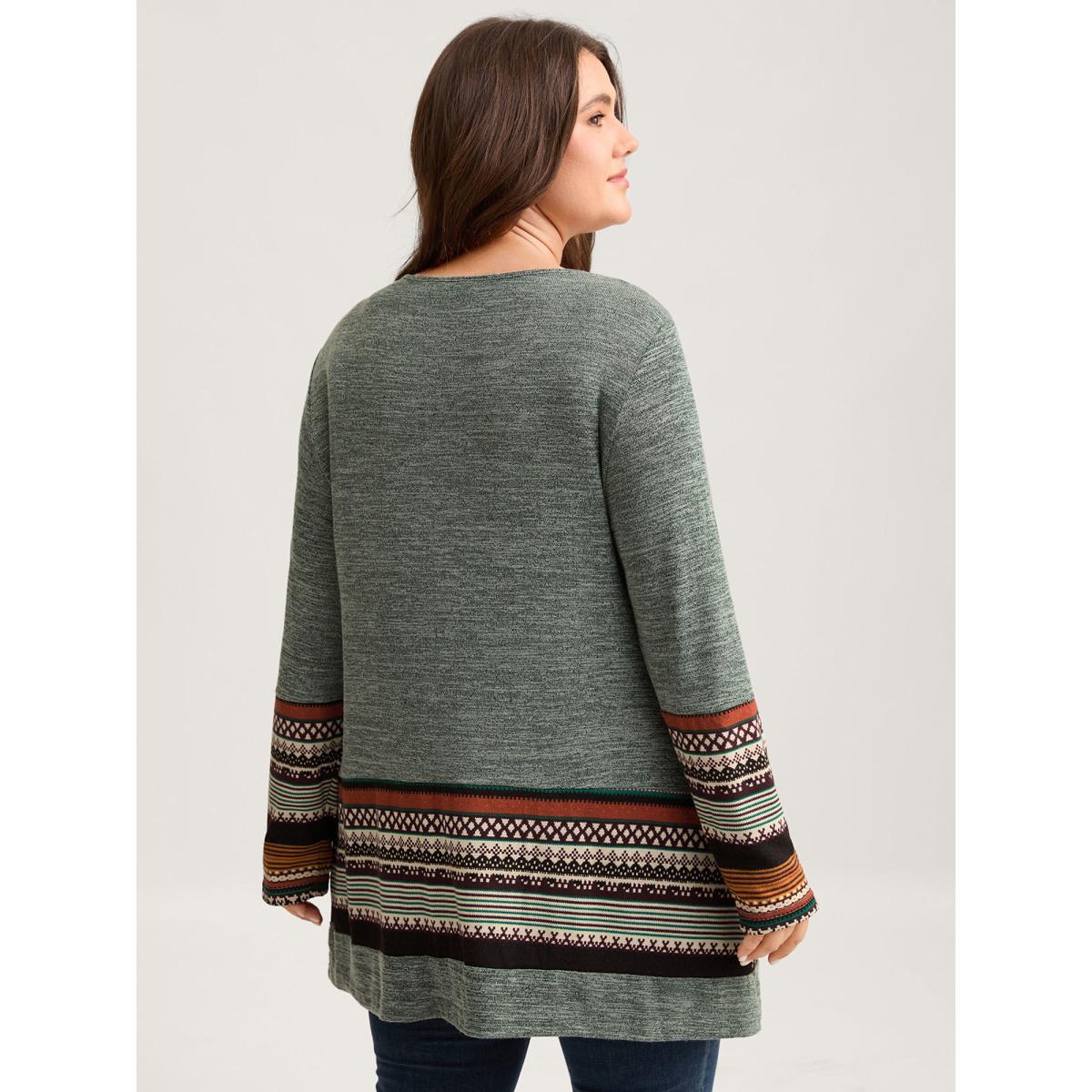 Plus Size Tunic Boho Print Pocket T-shirt Sage Women Casual Contrast Round Neck Loose Everyday T-shirts BloomChic 28/5X Product Image