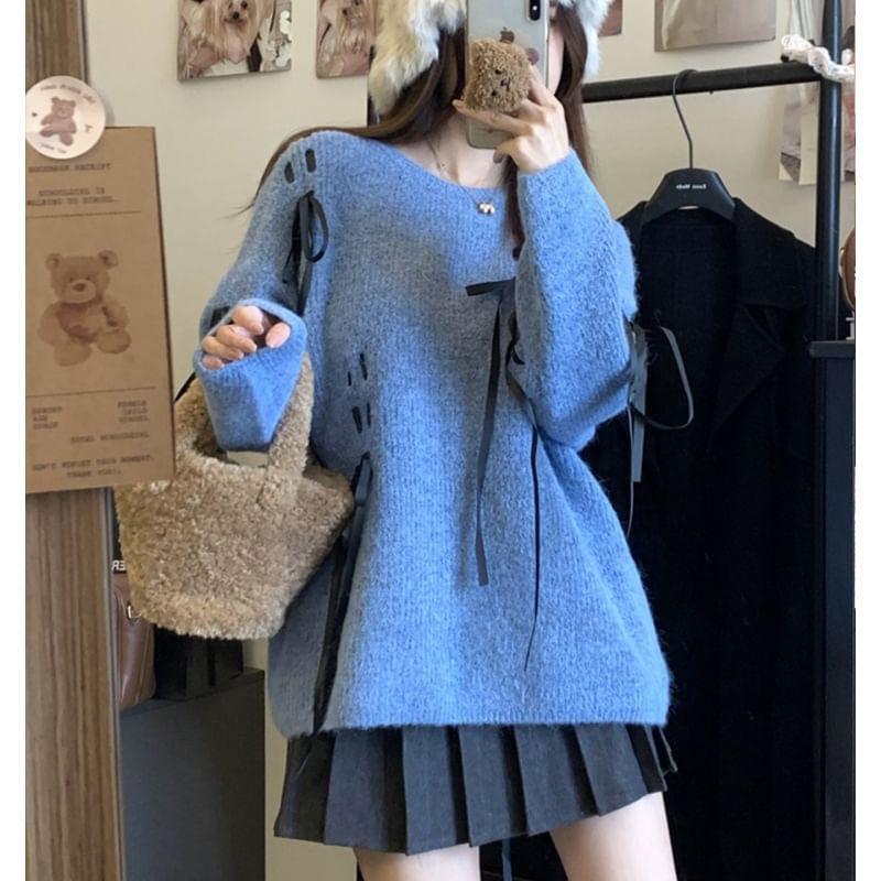 Crew Neck Ribbon Ribbed Sweater Product Image